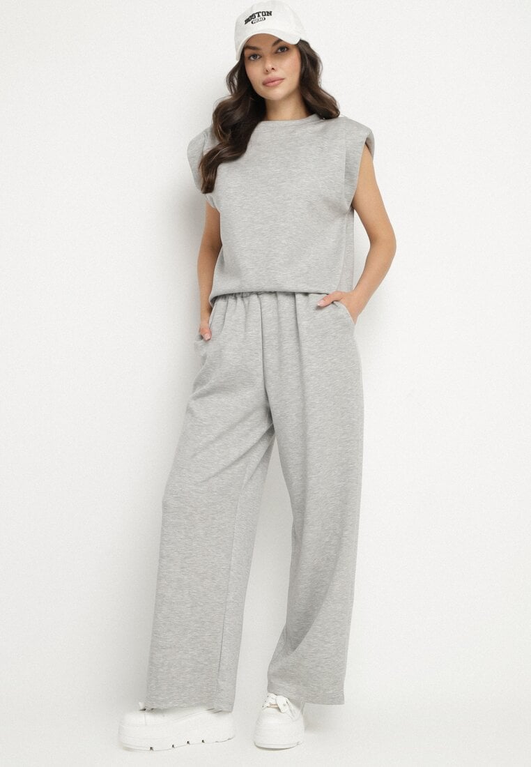 Set Gri din Viscoză Tricou cu Umeri Întăriți și Pantaloni Largi Nevisari