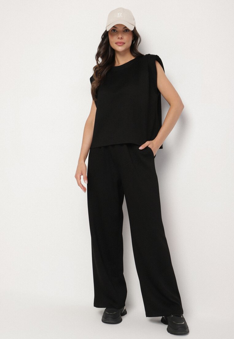 Komplet negru cu vâscoză, Tricou cu umeri întăriți și Pantaloni largi Nevisari