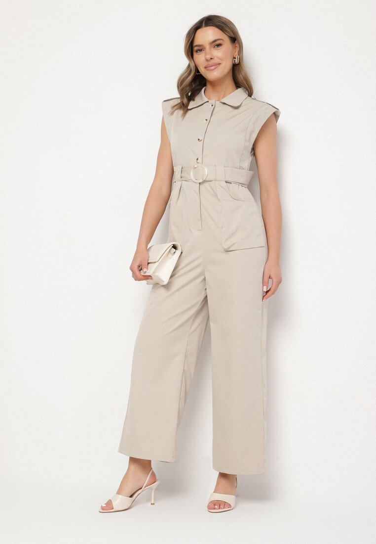 Salopetă Bej Cambrată cu Nasturi și Strasuri Lumalise