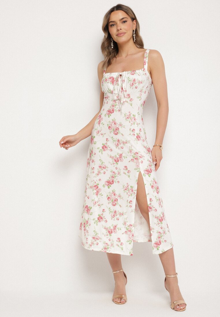 Rochie Bej-Roz Cambrată Florală Decorată cu Șiret Firavire