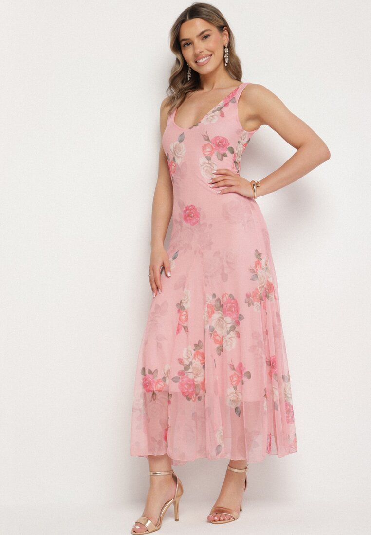 Rochie Roz din plasă cu Motiv Floral Milanessa