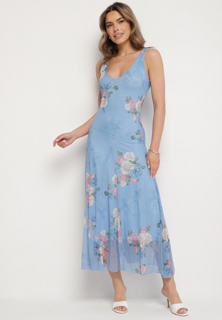 Rochie din plasă albastră cu motiv floral Milanessa