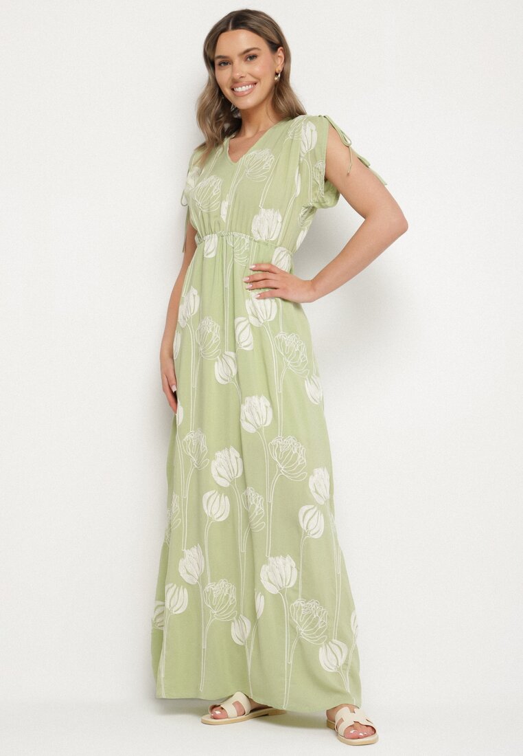 Rochie Verde din Viscoză cu Broderii Lumiene