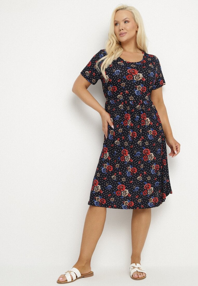 Rochie Cloș Bleumarin-Roșie cu Model floral Lumilisse