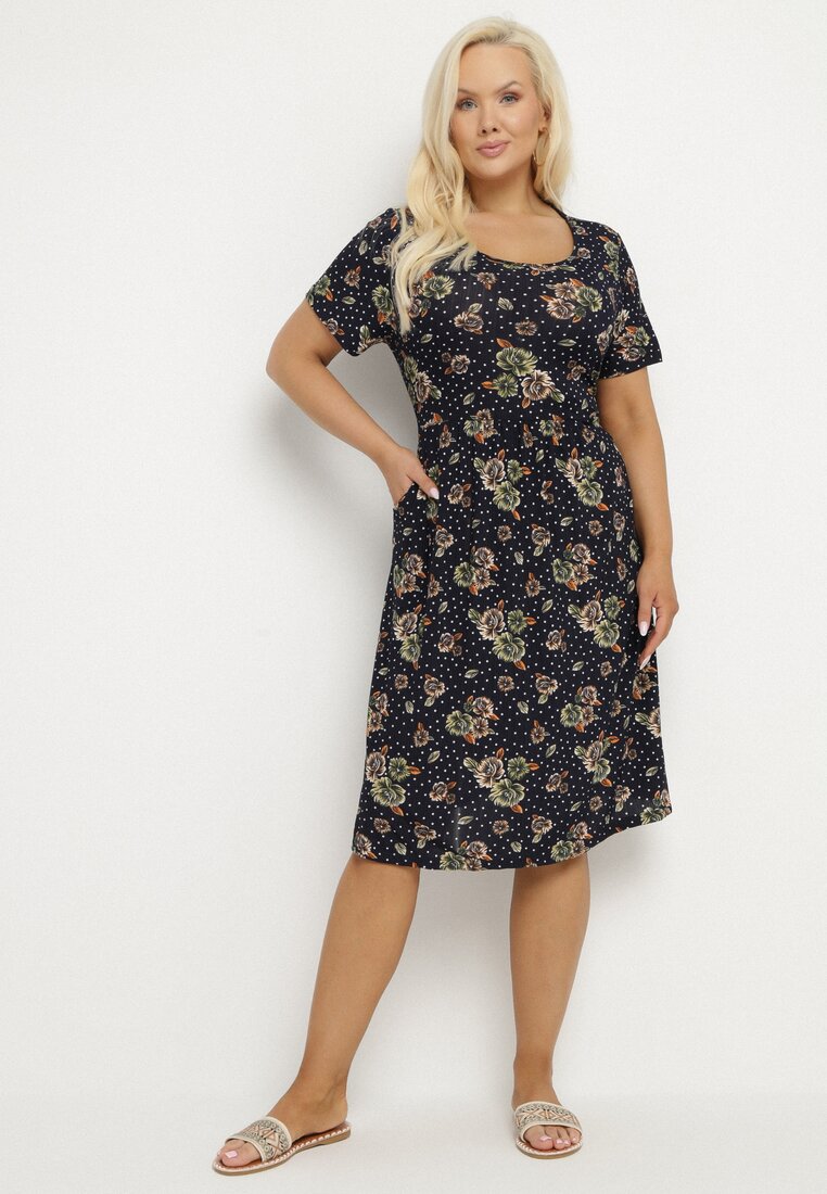 Rochie Evazată Granatowo-Beżowa cu imprimeu floral Lumilisse