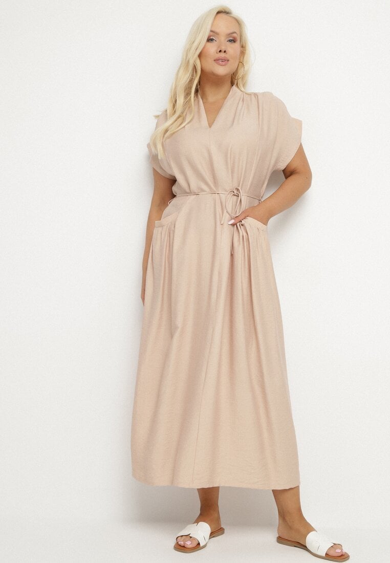 Rochie tip cutie Bej din viscoză cu o curea subțire și buzunare Lumivorae