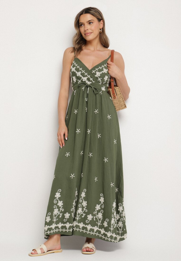 Rochie Verde din Viscoză Decorată cu Broderii Lunireia