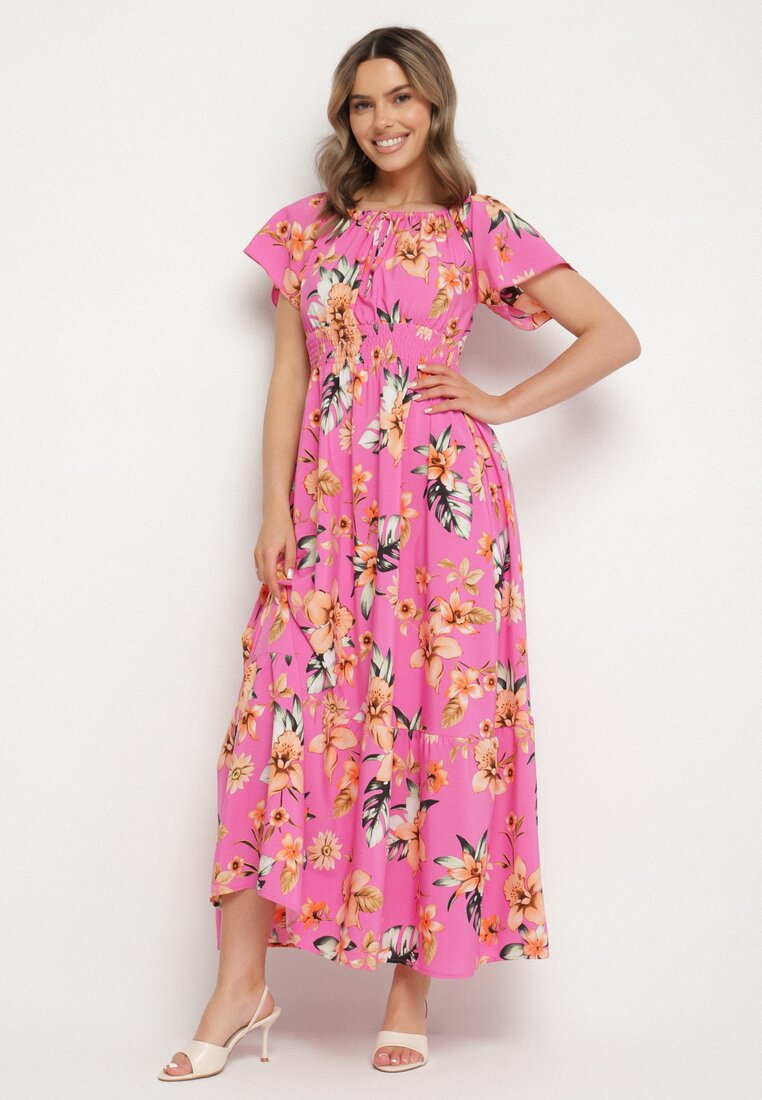 Rochie Fuksia cu flori cu elastic în talie și decolteu spaniol Devoris