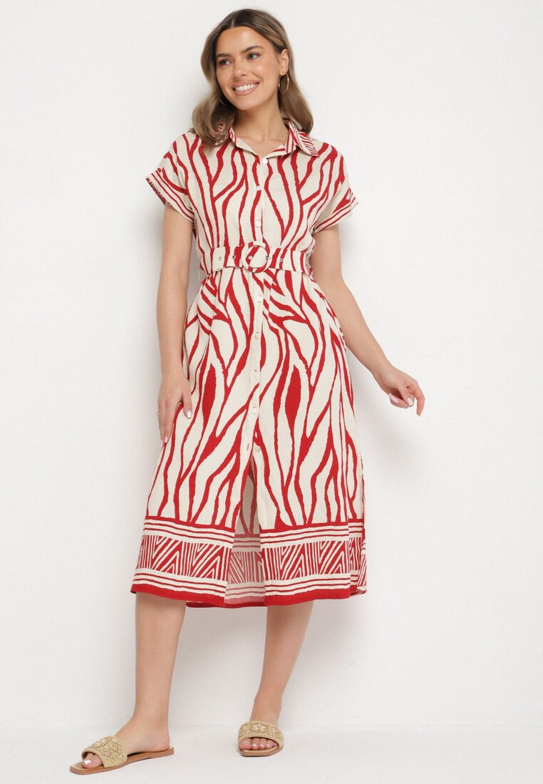 Rochie tip cămașă Roșie din Viscoză cu Mânecă Scurtă și Curea cu Cataramă Meddie