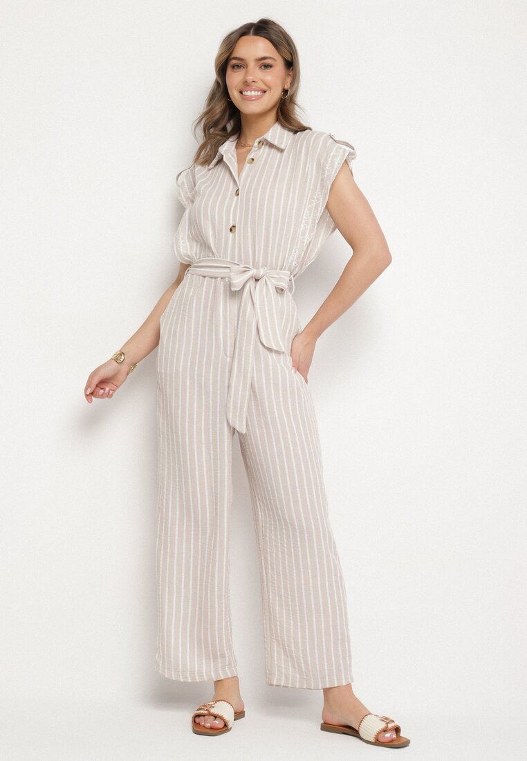 Salopetă Bej Din Bumbac Cu Croială Tip Cămașă Cu Cordon Legat Amerlia