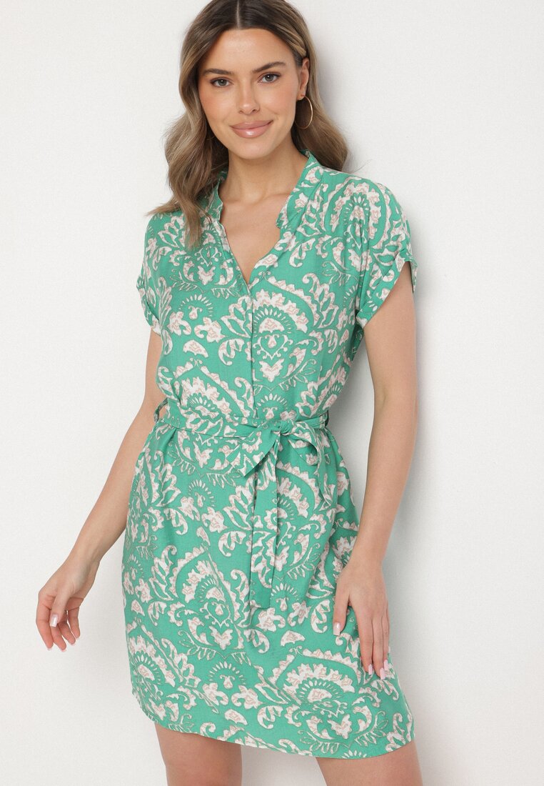 Rochie Croială Cutie Verde cu Legătură în Talie cu Model Abstract Namsioli