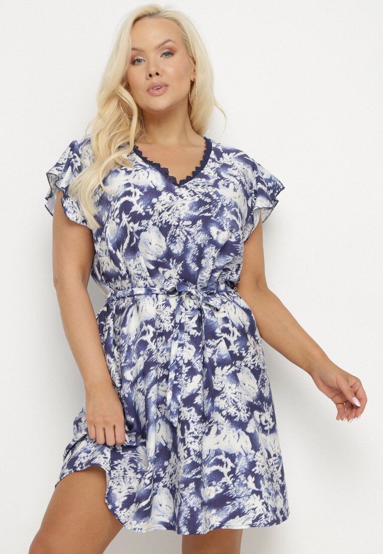 Rochie Albastră din Vâscoză și In Tip cutie cu Legătură în Talie cu Model Abstract Toleira