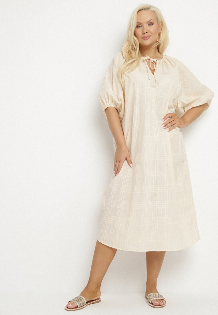 Rochie Bej din Bumbac Oversize cu legătură la gât Tolanea