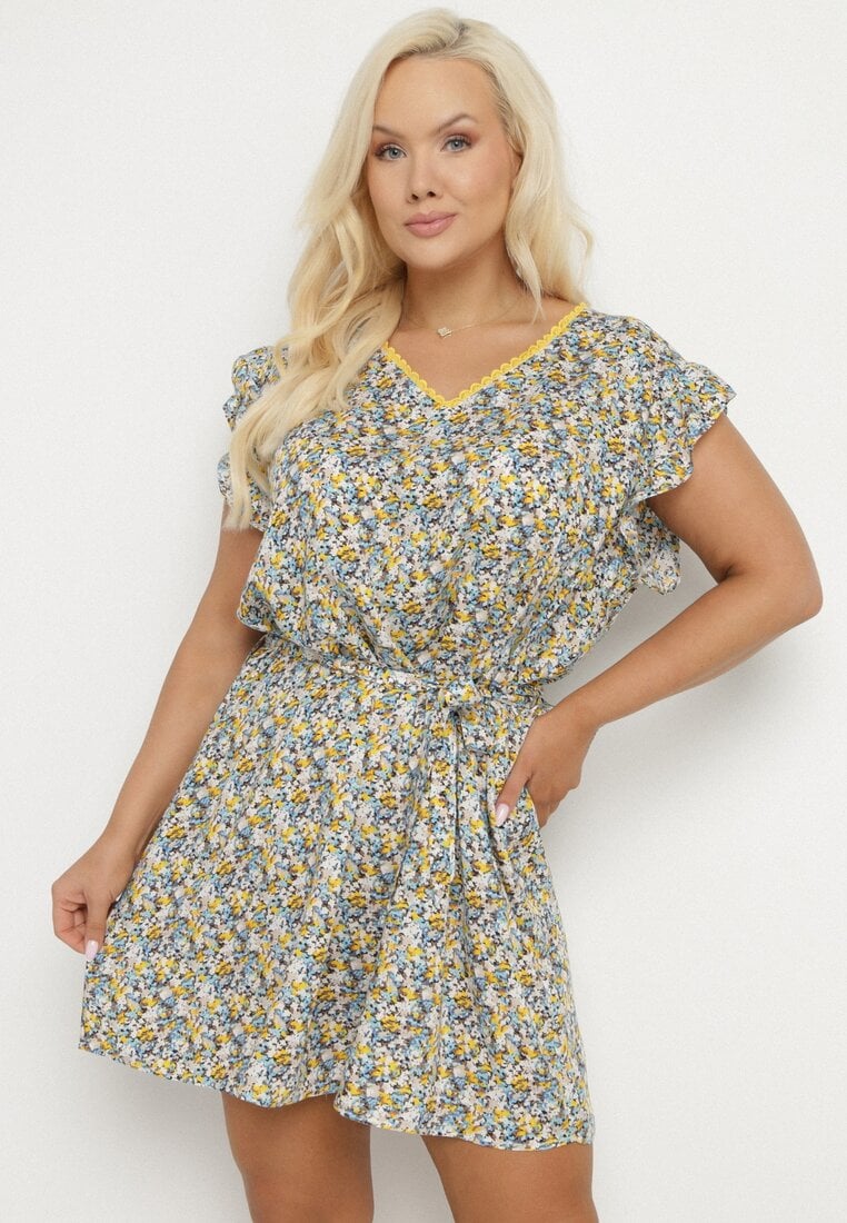 Rochie Galbenă din Viscoză cu Flori, cu Centură și Broderii Nelindia