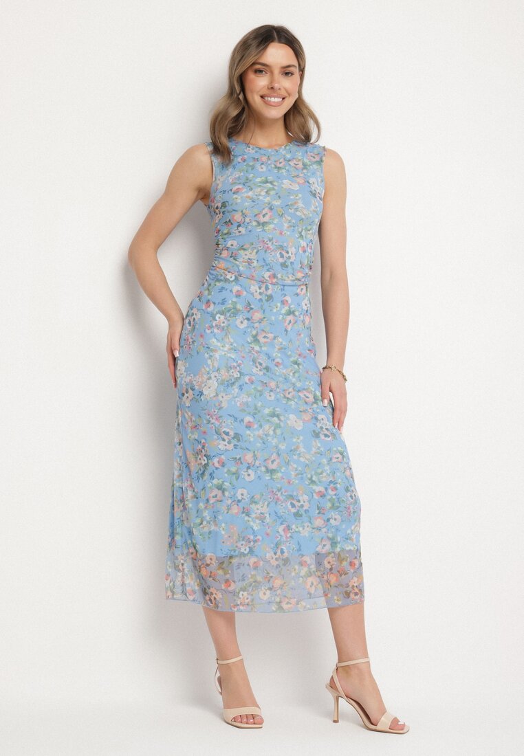 Rochie Albastră de cocktail cambrată cu imprimeu floral cu căptușeală de viscoză Lidra