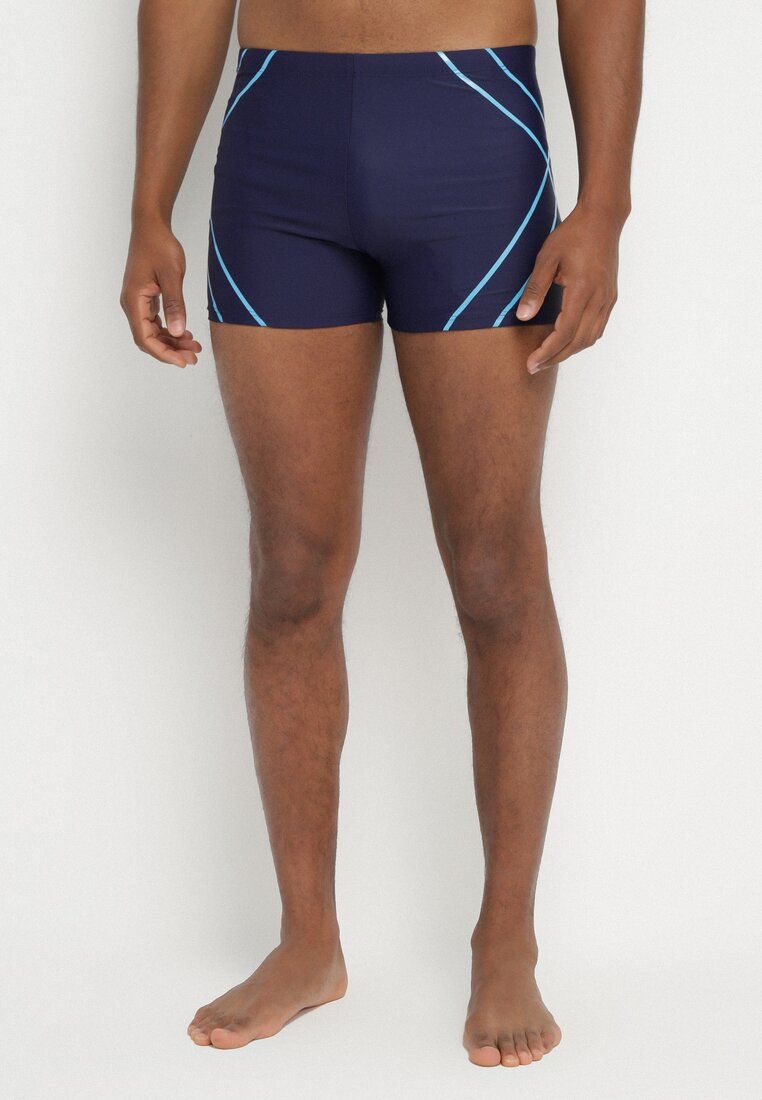 Pantaloni scurți de baie tip boxer în albastru și bleumarin cu șnur decorați cu model geometric Folenis