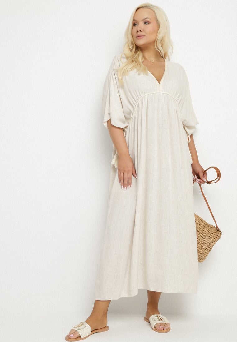 Rochie Bej din viscoză cu in cu croială liliac cu șnur Tolureia