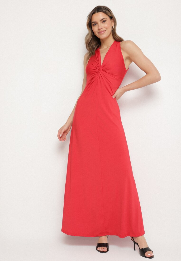 Rochie roșie evazată fără mâneci cu viscoză ornată cu drapaje Folenissa