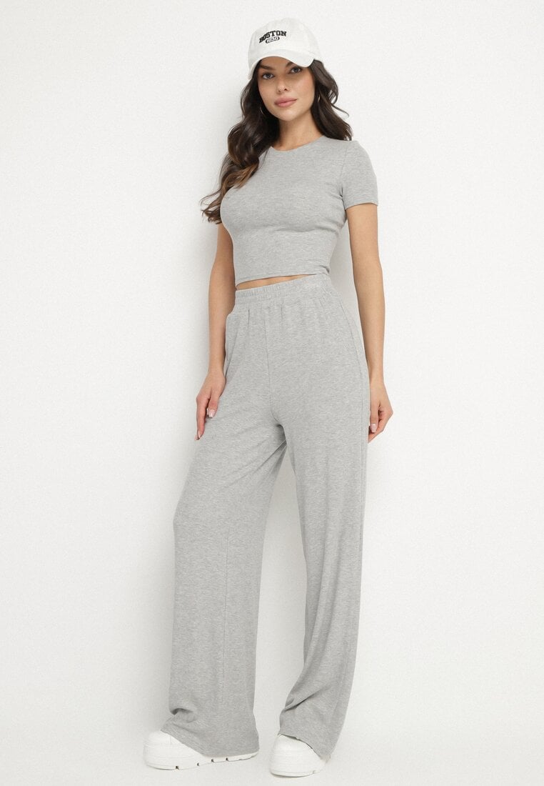 Set din bumbac gri cu tricou mulat și pantaloni largi Neliava