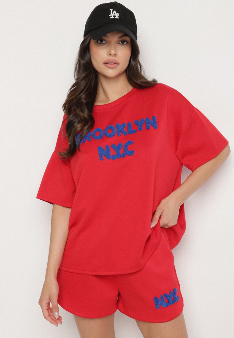 Set Roșu Oversize cu Viscoză Tricou și Pantaloni scurți cu Imprimeu Liravella