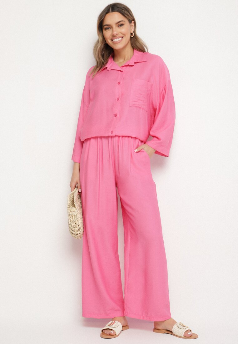 Compleu Fucsia din Viscoză Pantaloni largi și Cămașă Oversize Zivora