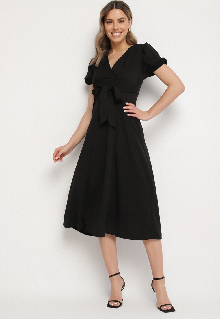 Rochie de cocktail Neagră cu croi evazat cu legătură Zilarie