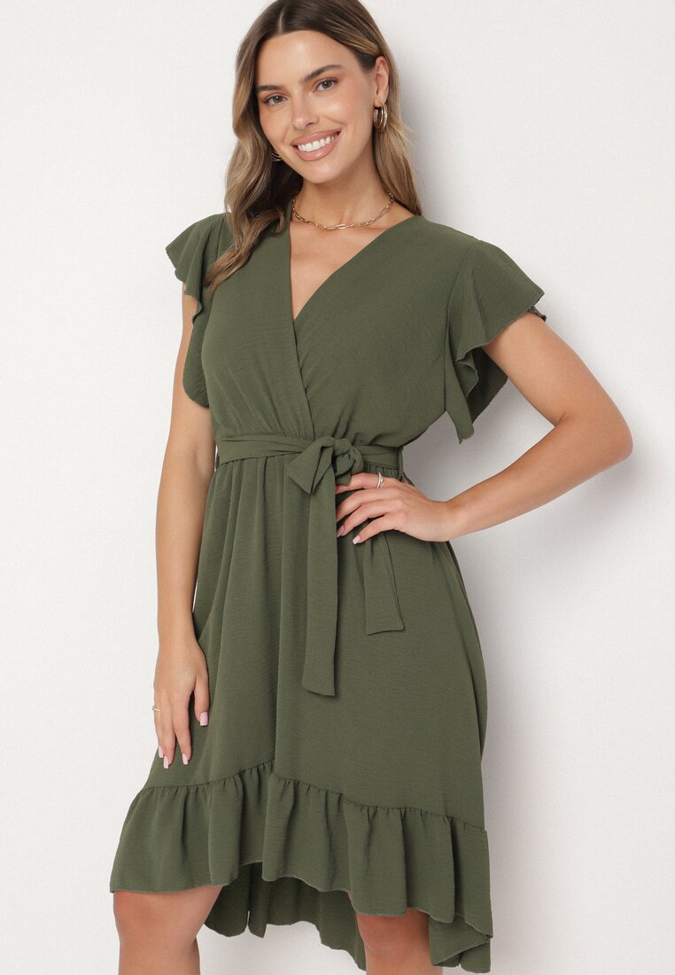 Rochie Cloche Verde închis Ornată cu Volan și Curea Natiellea