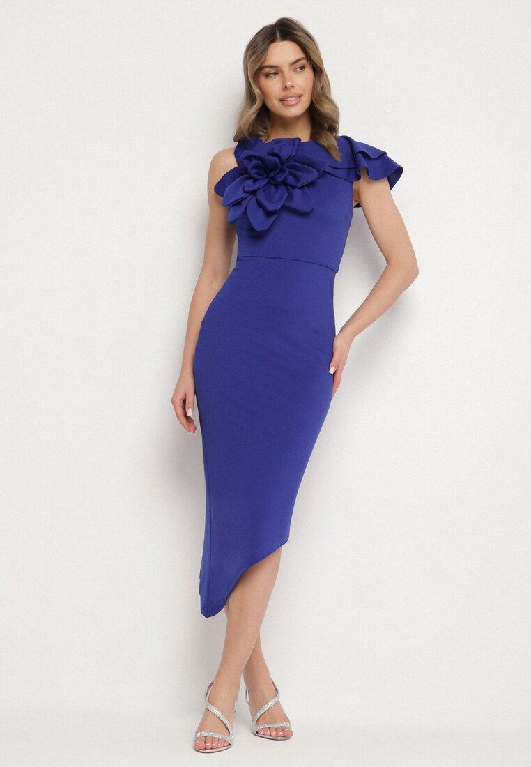 Rochie Asimetrică de Cocktail Albastră Vices cu Volane și Floare 3D Tolaseia