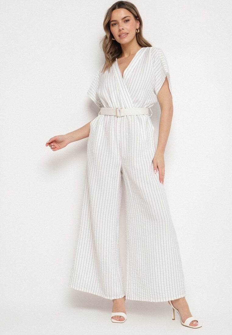 Salopetă Albă Cu mâneci tip liliac Cu croială petrecută Cu curea Tolannea