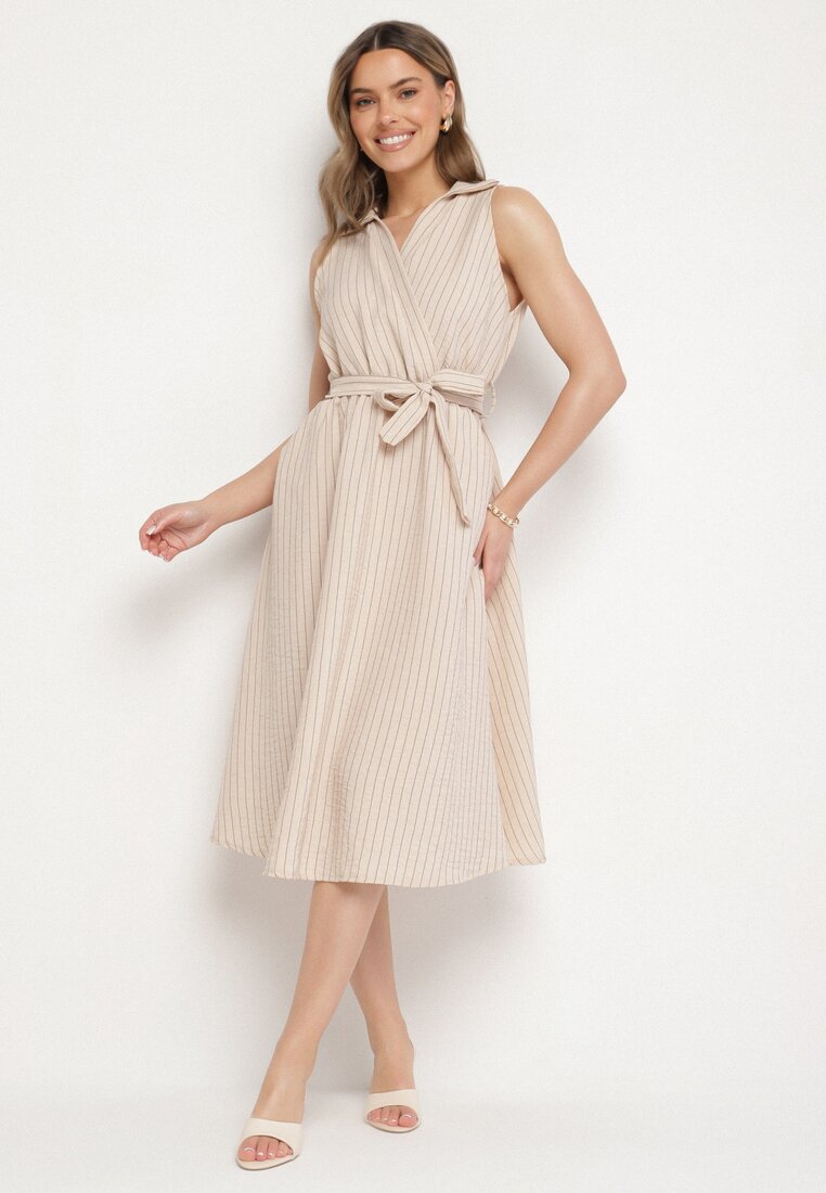 Rochie bej cu un croi cămașă fără mâneci cu cordon Liriora