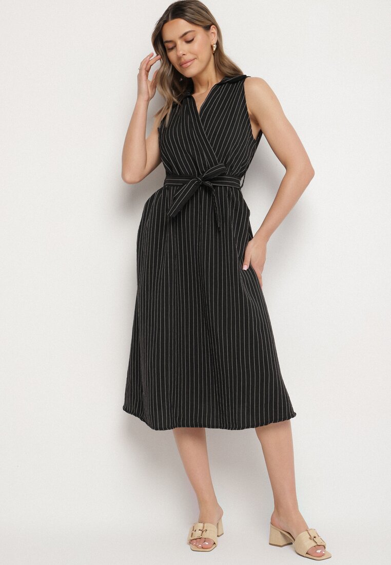 Rochie neagră cu croi de cămașă fără mâneci cu cordon legat Liriora