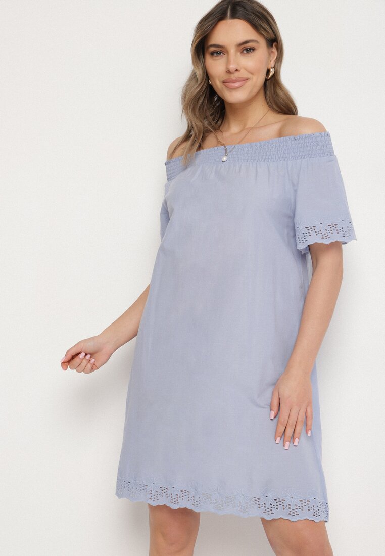 Rochie albastru deschis din bumbac spaniolă cu decorațiuni ajurate Filissa