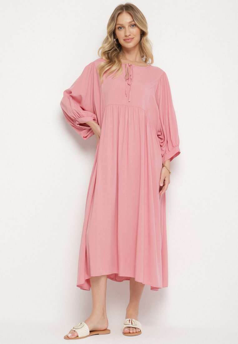 Rochie Roz Evazată din Viscoză cu Legătură la Decolteu Tilania