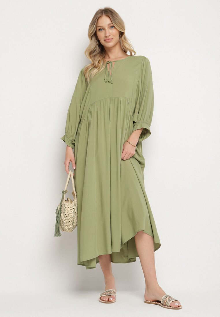 Rochie Verde Cloș din Viscoză cu Legătură la Decolteu Tilania