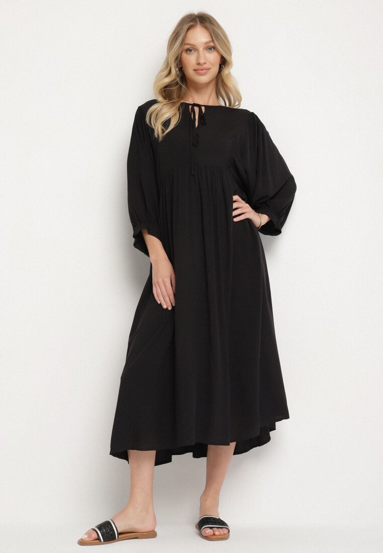 Rochie Neagră Cloche din Viscoză cu Legătură la Decolteu