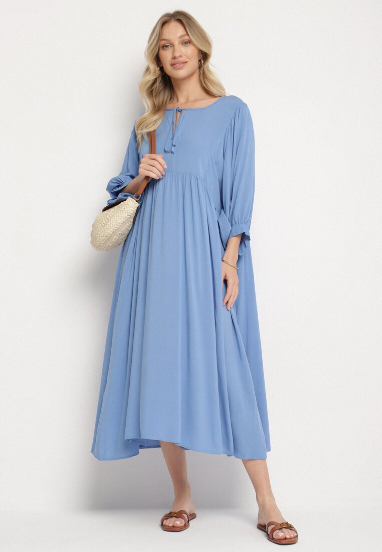 Rochie albastră cloș din viscoză cu legătură la decolteu Tilania