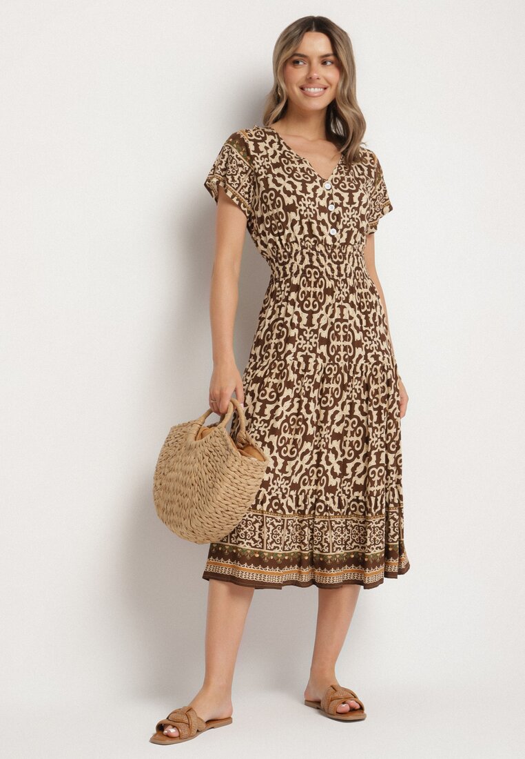 Rochie din bumbac cu nasturi și cu model ornamental Maro Zisselle