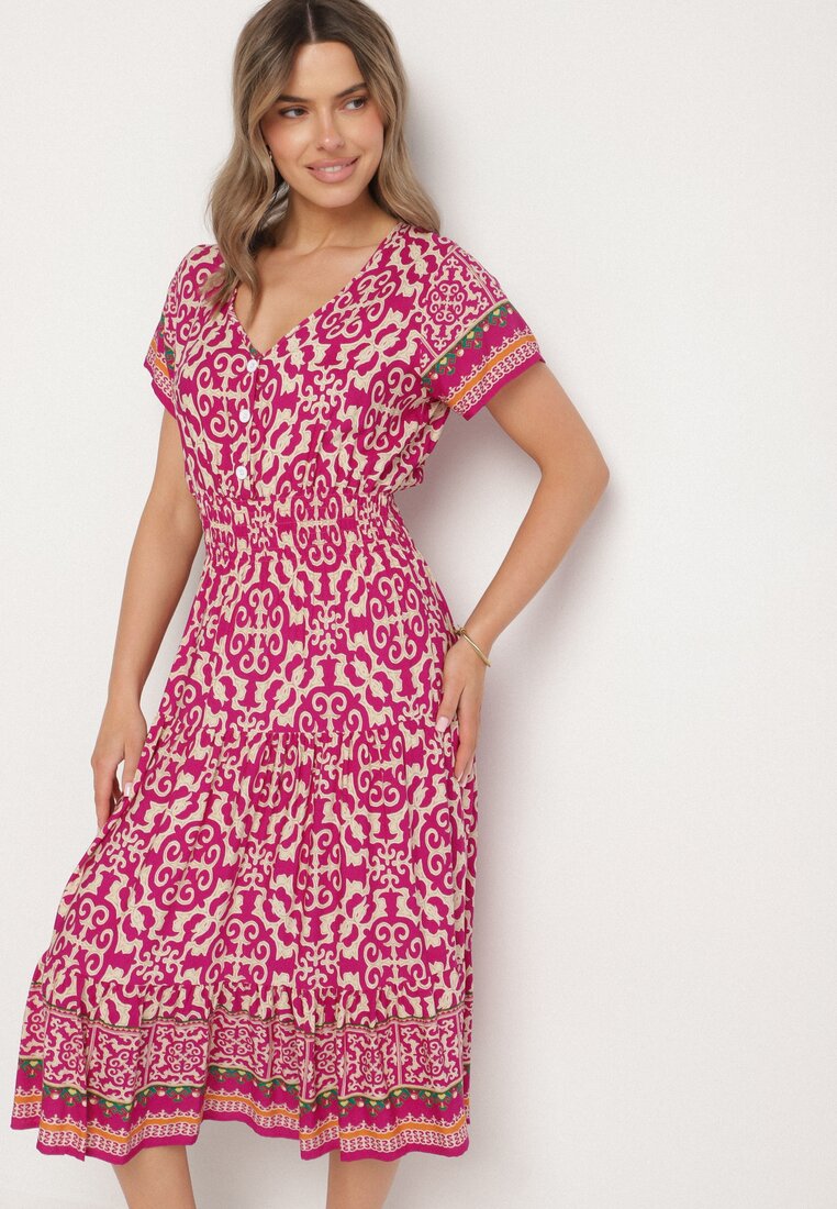 Rochie Fiolet din Bumbac cu elastic în talie și nasturi Natiflione