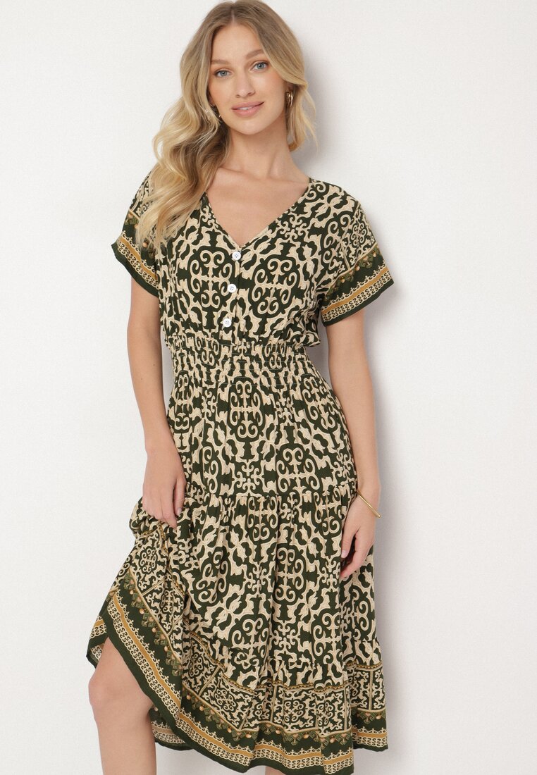 Rochie din bumbac Verde-bej cu elastic în talie și nasturi Natiflione