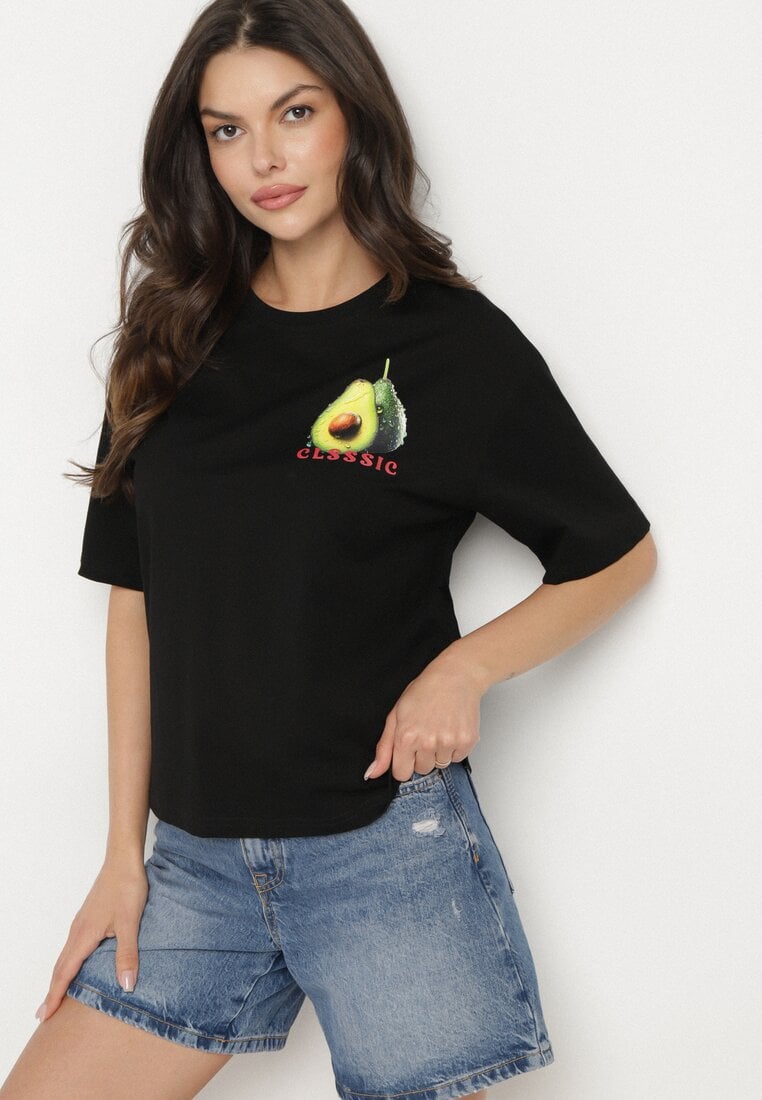 Tricou Negru din Bumbac și Motiv Avocado Addixa