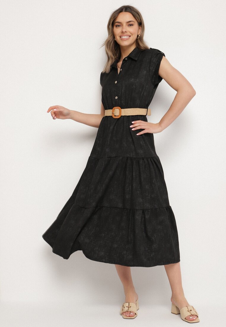 Rochie Neagră Decorată cu centură împletită și nasturi Filianea