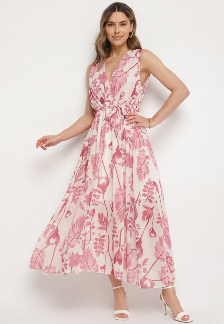 Rochie Roz Petrecută din Viscoză cu cordon legat Nativire