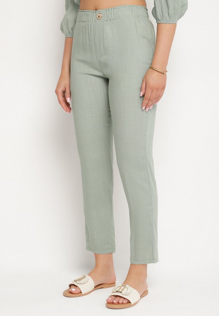 Pantaloni Verzi din in cu croi clasic cu talie elastică Filarse