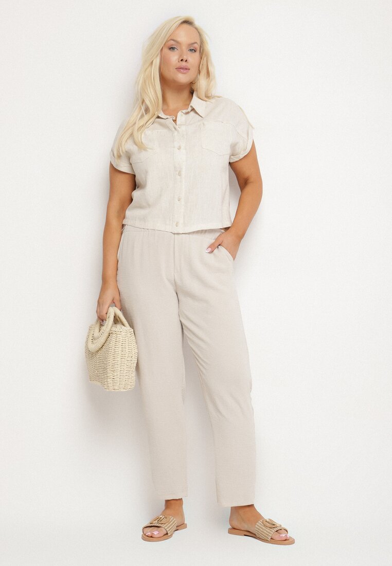 Pantaloni Bej Deschis cu Croială Dreaptă cu Elastic în Talie Filavia