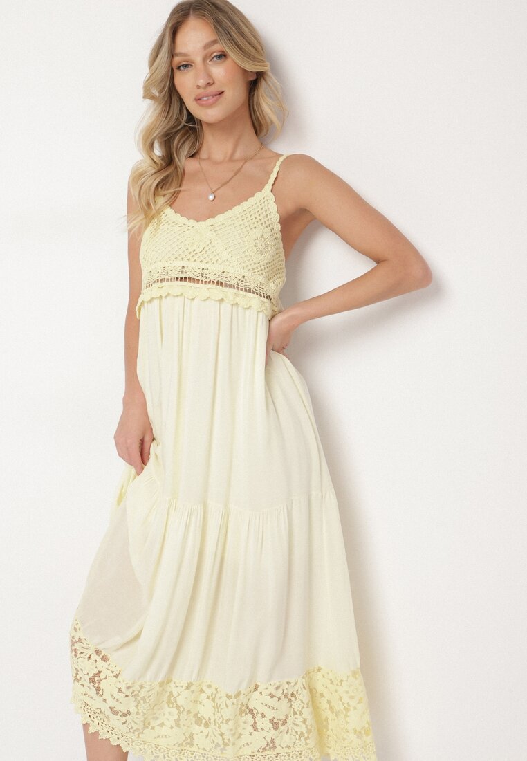 Rochie Cloș Galbenă din Vâscoză și Bumbac Decorată cu Dantelă cu Bretele Filanise