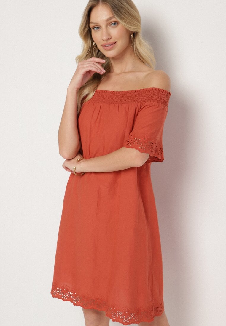 Rochie Portocalie Din Bumbac Spaniolă Cu Decorațiuni Ajurate Filissa