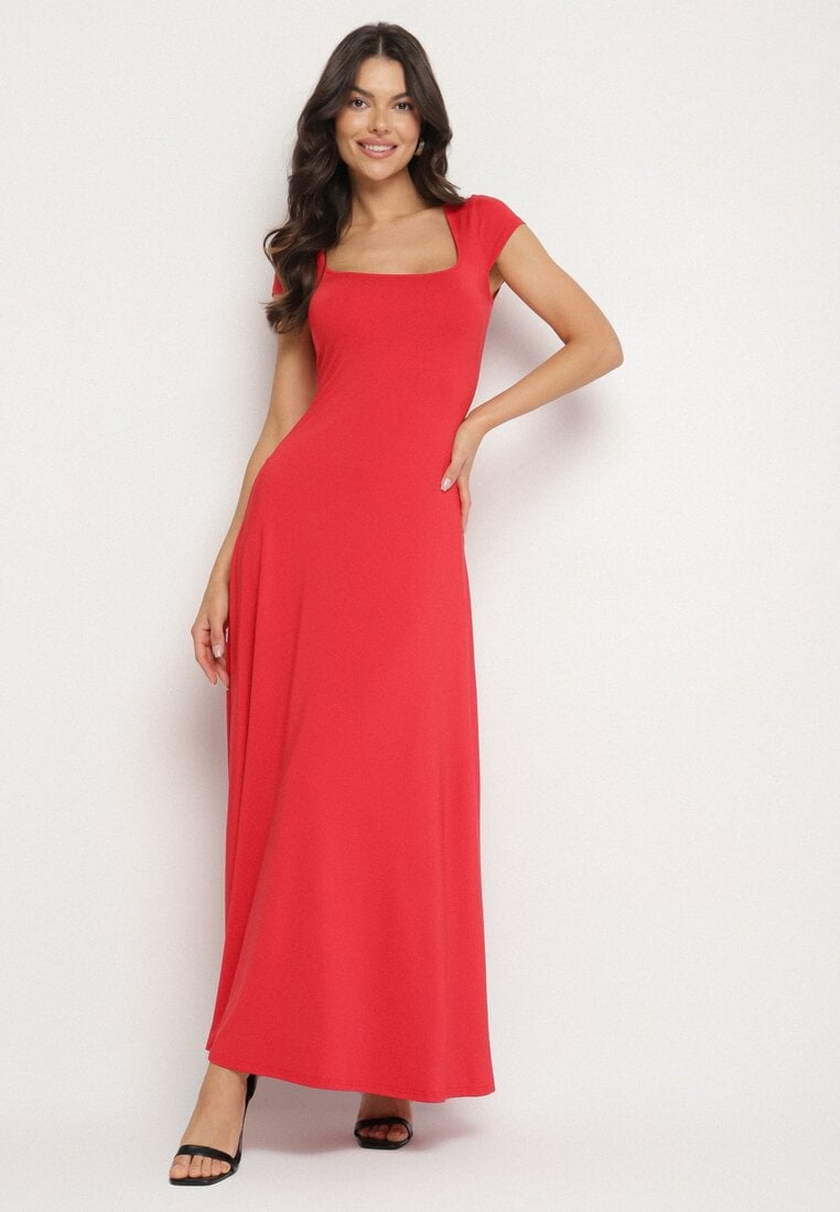 Rochie Roșie cu Vâscoză cu tăietură evazată cu Decolteu Pătrat Nalireina