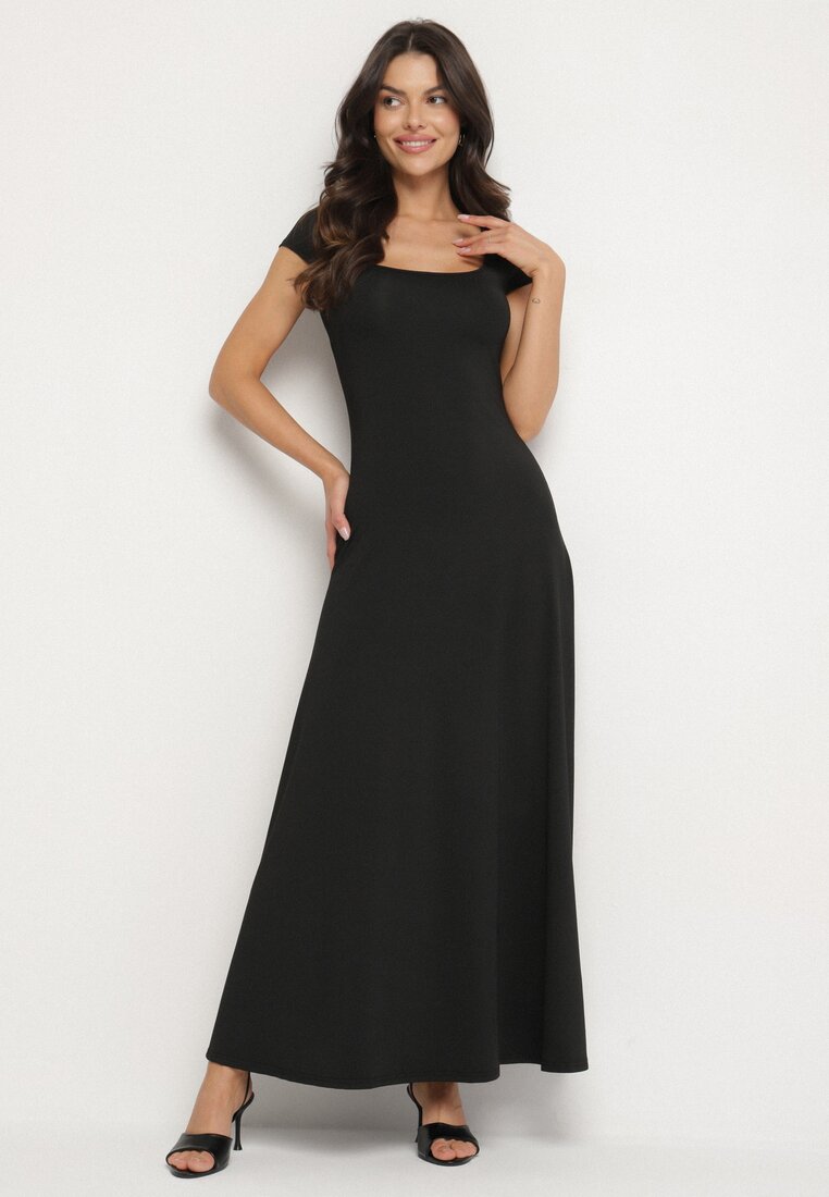 Rochie Neagră din Viscoză cu croi Cloș cu decolteu Pătrat Nalireina