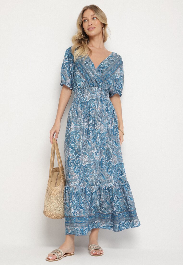 Rochie de bumbac albastră evazată cu model Paisley Folurelle