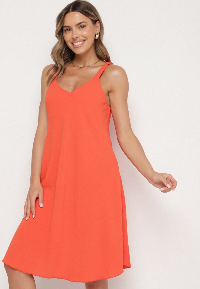 Rochie Roșie din Vâscoză cu Croi Trapezoidal cu Bretele Folindea